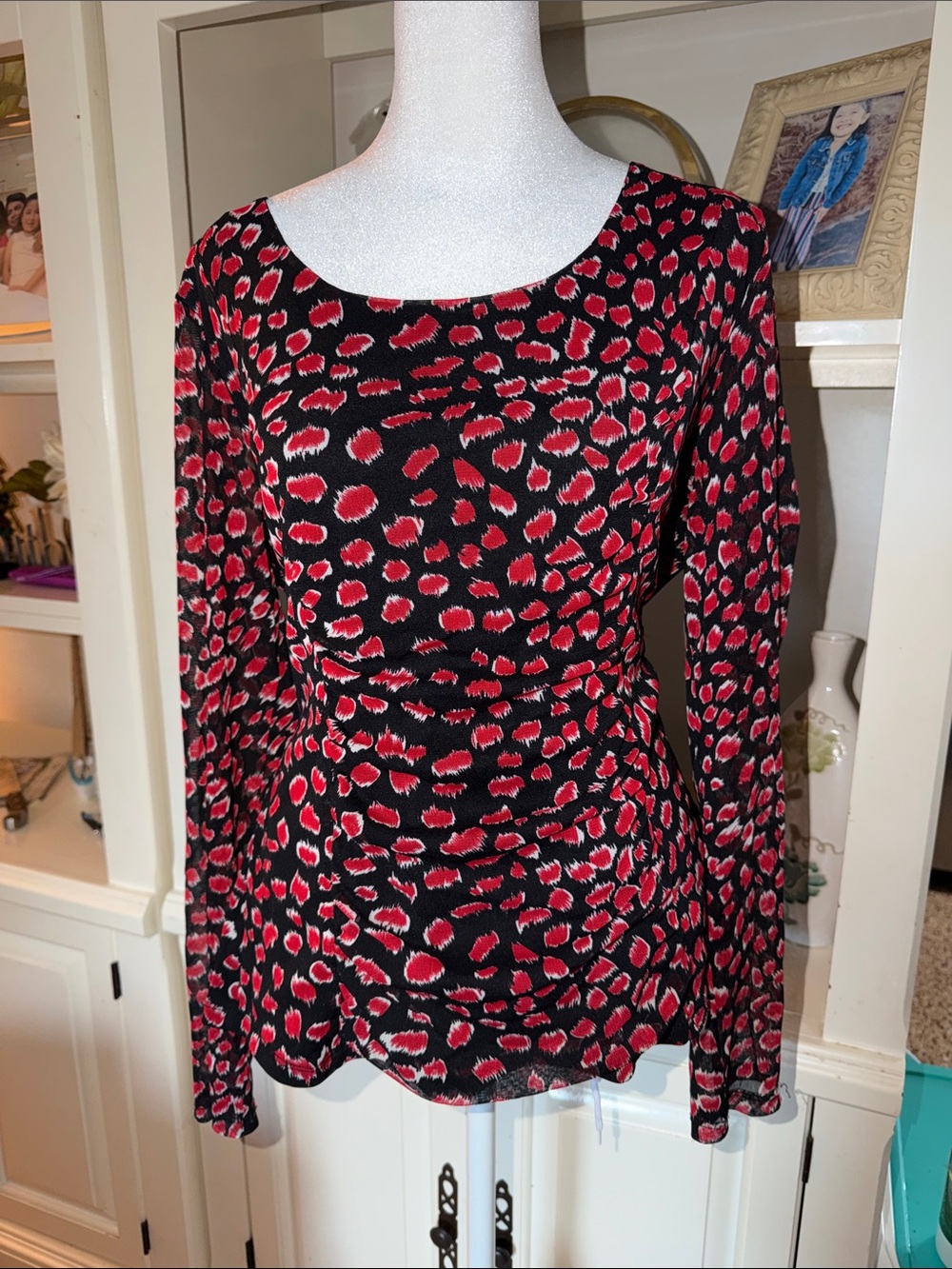 INC International Concepts Black Long-Sleeve Top with Red Animal Spot Print